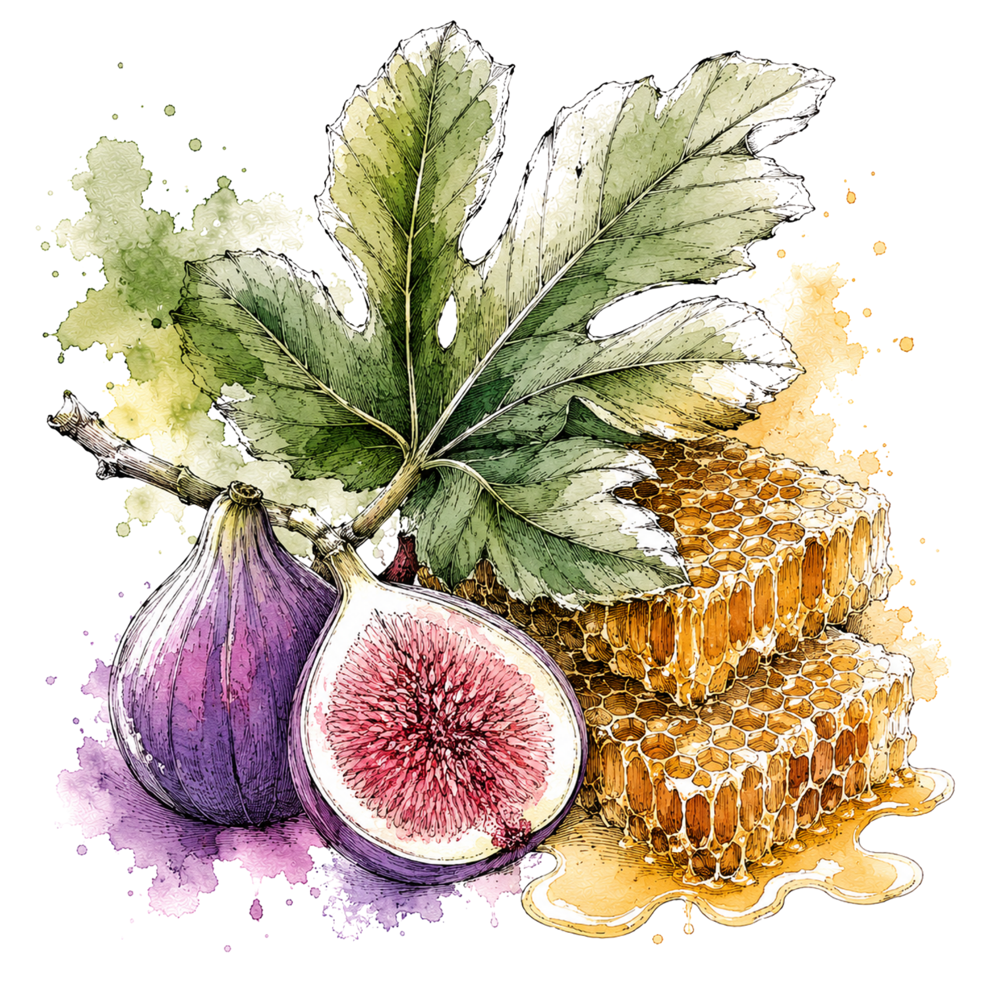 Watercolour of a fig leaf, a halved fig and honeycomb