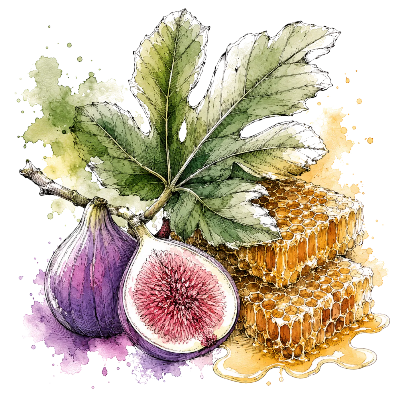 Watercolour of a fig leaf, a halved fig and honeycomb