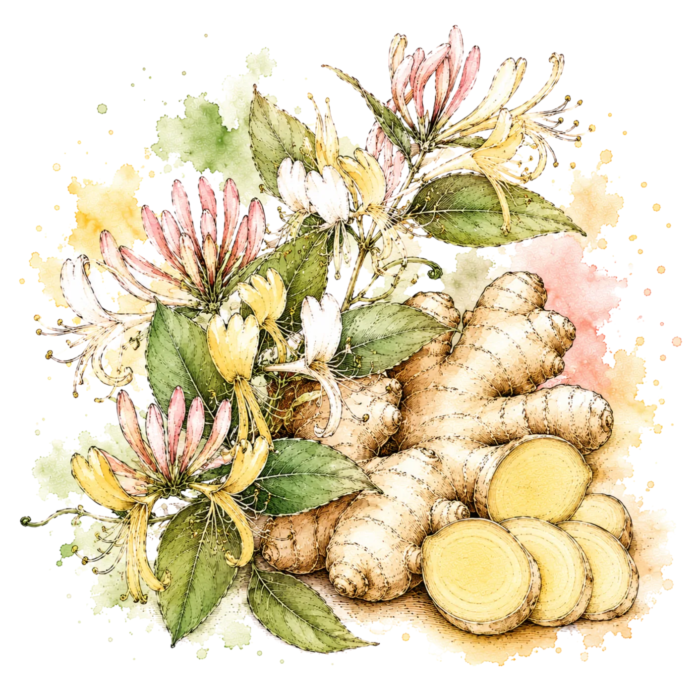 Watercolour of fresh ginger root and honeysuckle flowers
