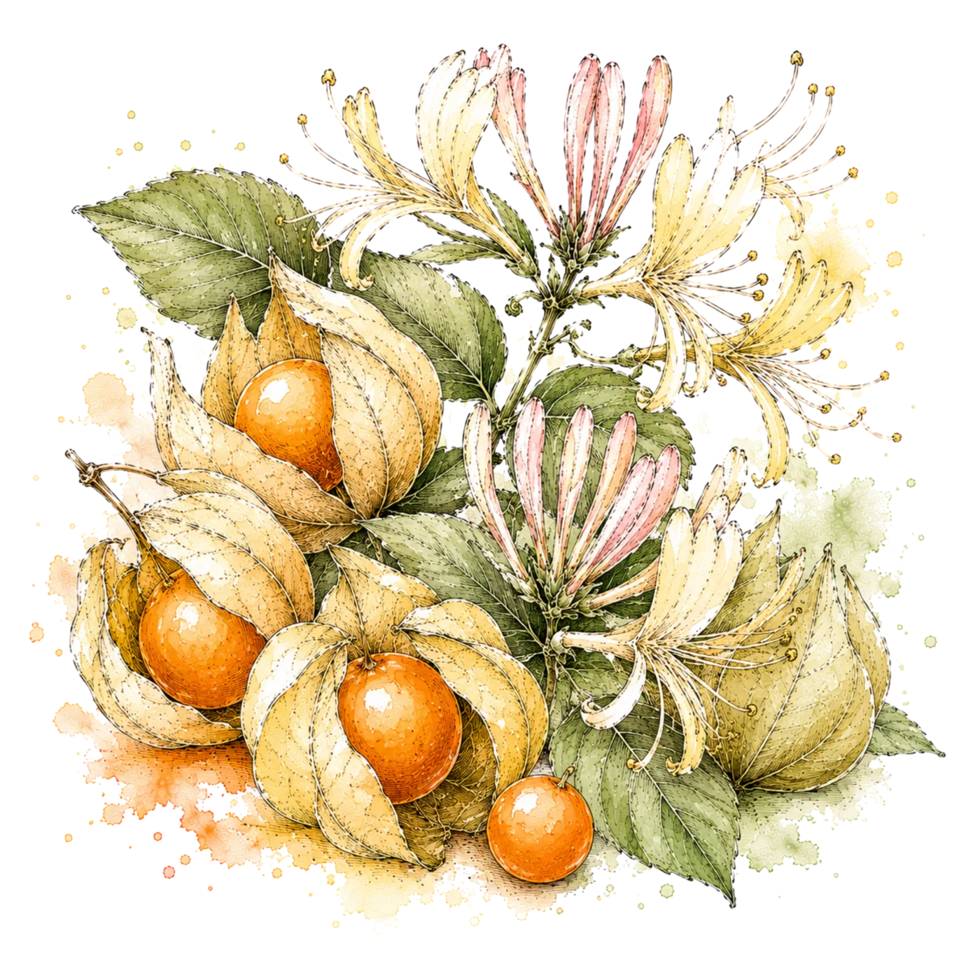 Watercolour of cape gooseberries in their papery husks with honeysuckle