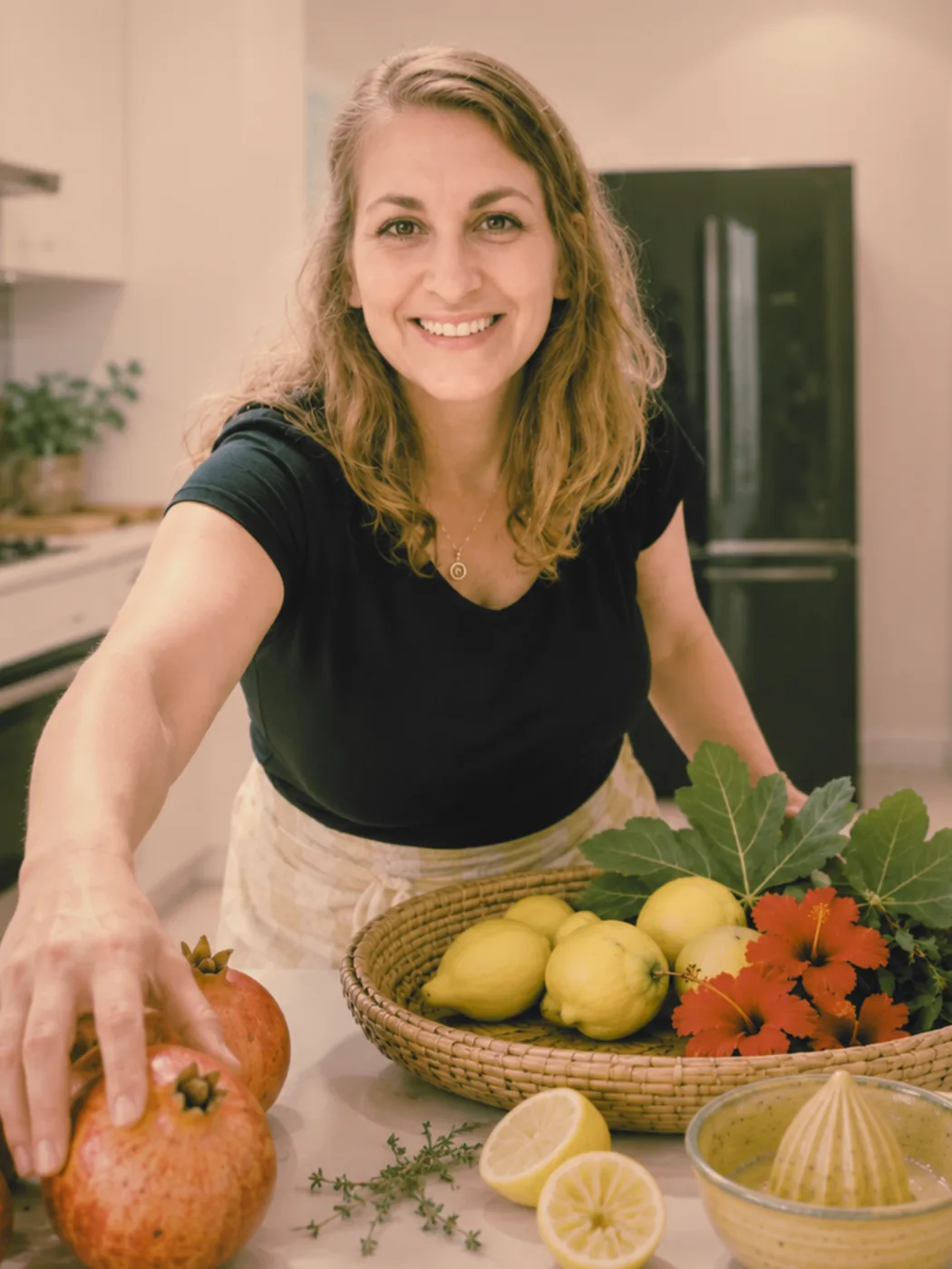 Julie smiling in her kitchen, reaching towards a basket of fruit with hibiscus flowers