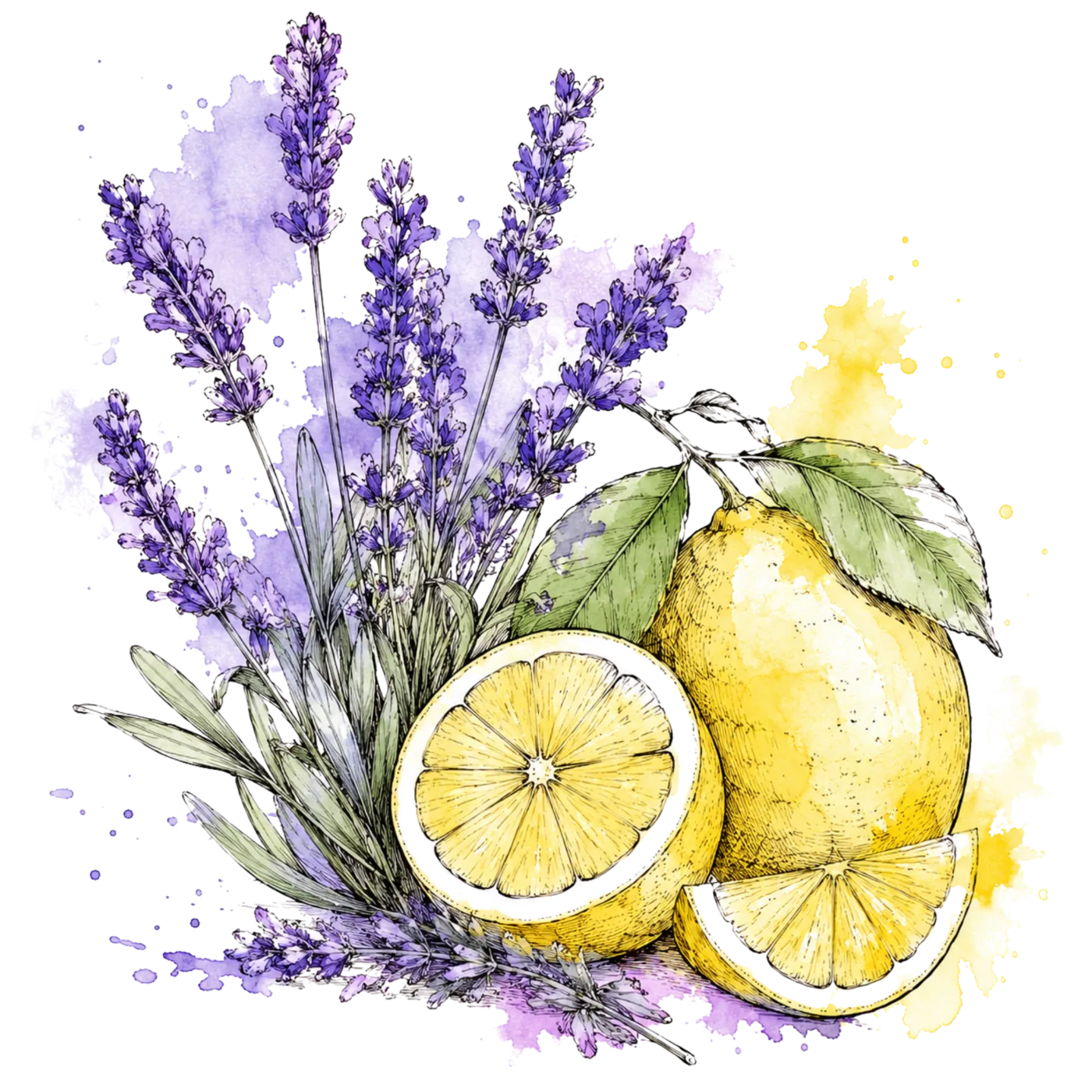 Watercolour of lemons and lavender sprigs