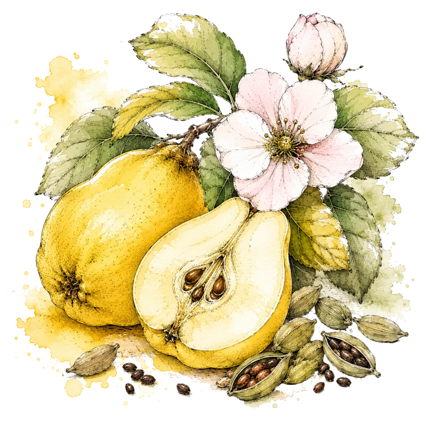 Watercolour of quince fruit, blossom and cardamom pods