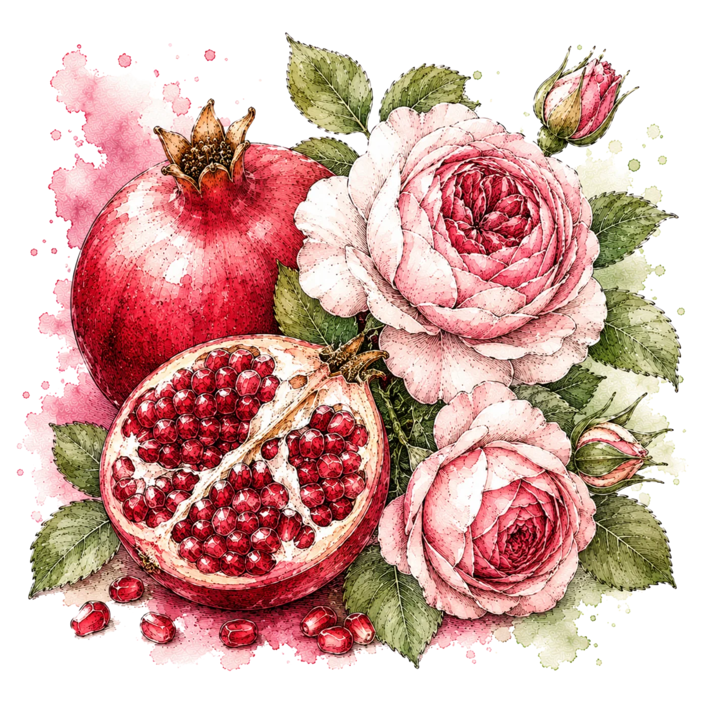 Watercolour of pomegranate halves and pink garden roses