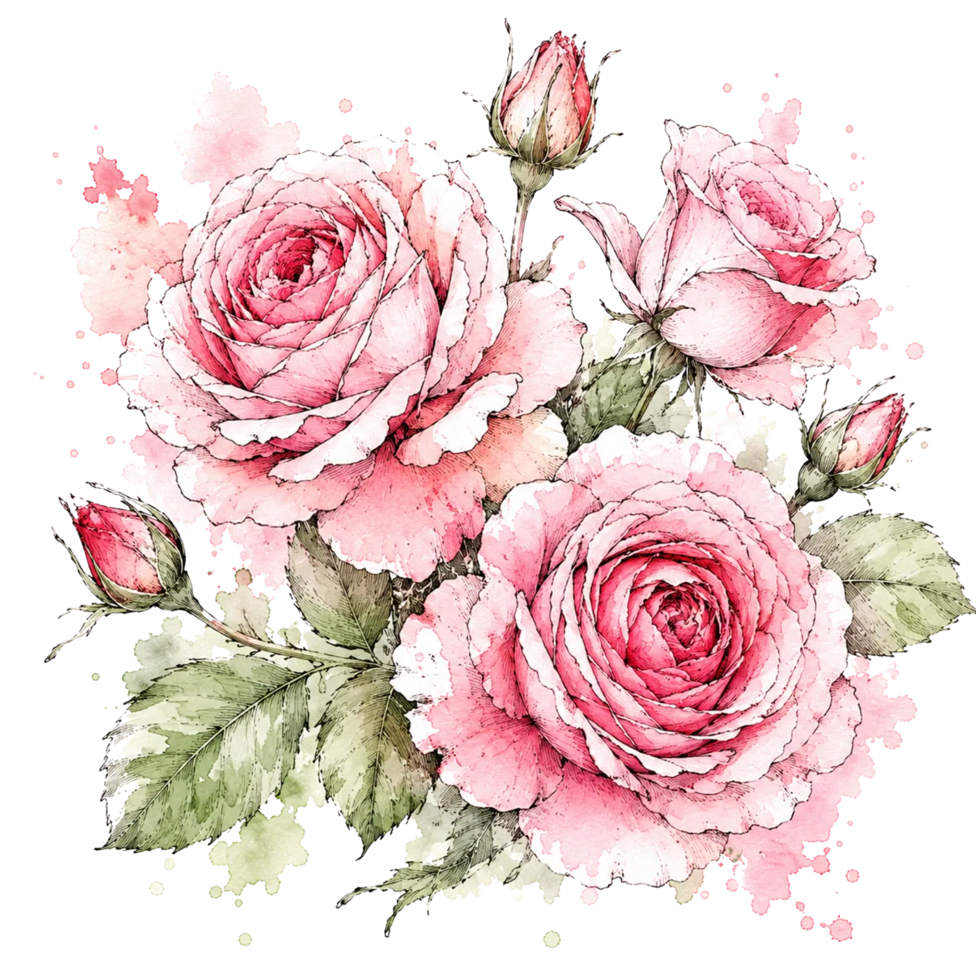 Watercolour of pink garden roses and buds