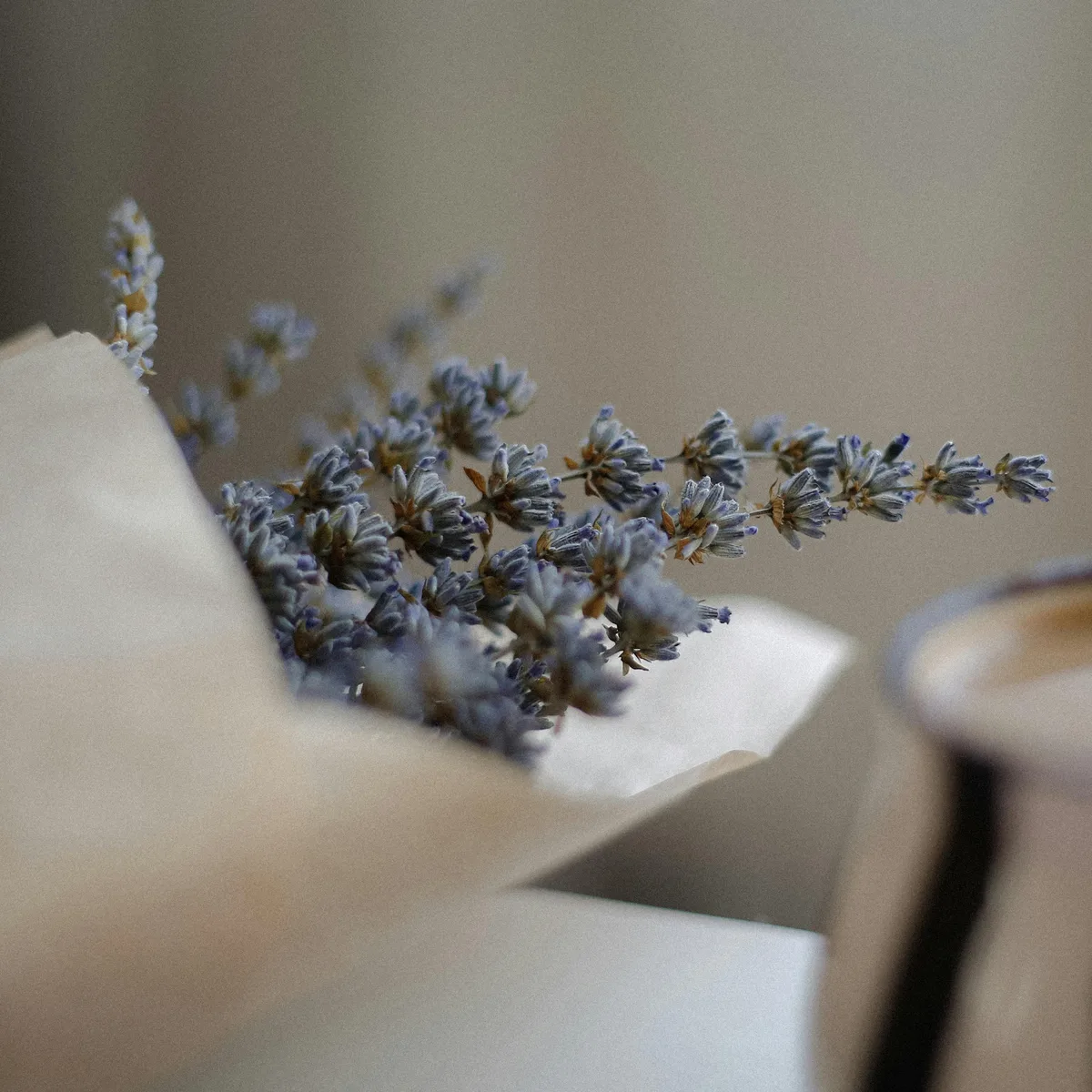 A bunch of dried lavender wrapped loosely in paper