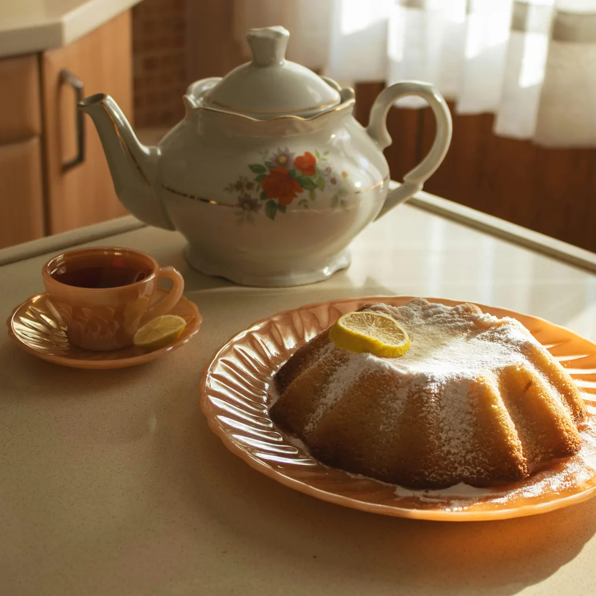 A floral teapot and a lemon cake set for afternoon tea
