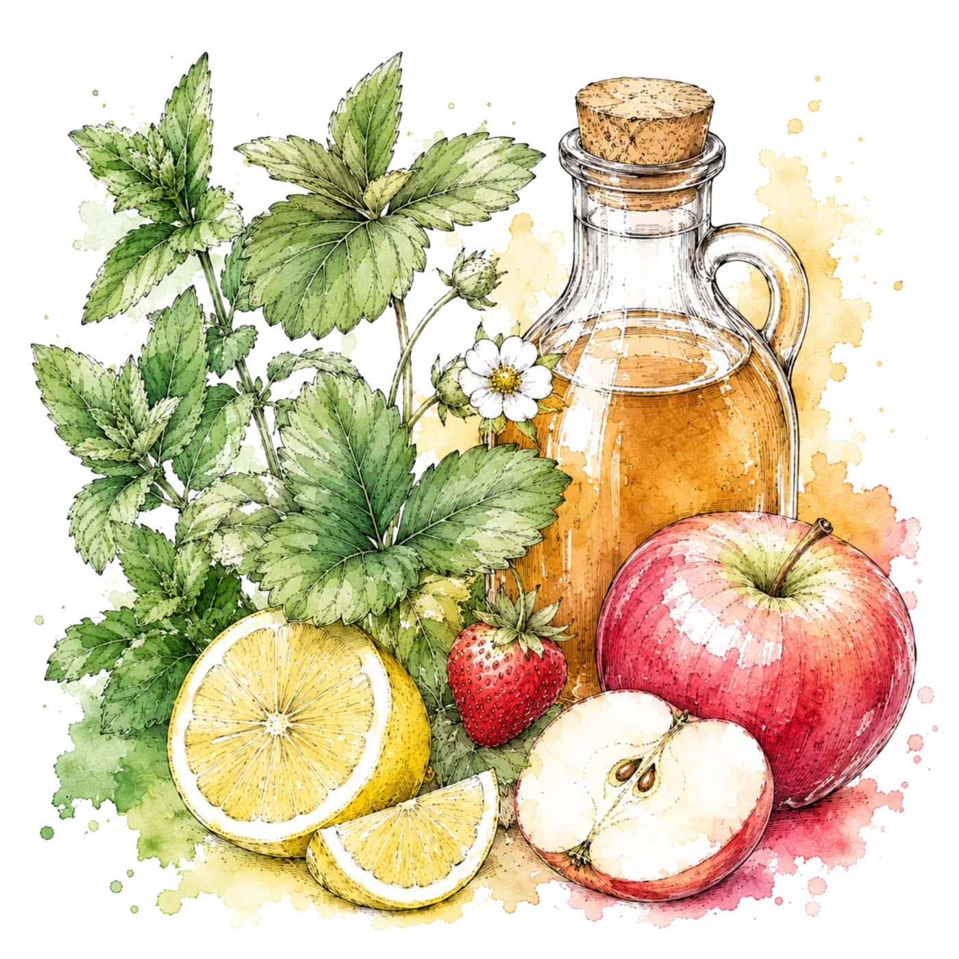 Watercolour of strawberry leaves, mint, lemon, an apple and a glass jug of apple cider vinegar